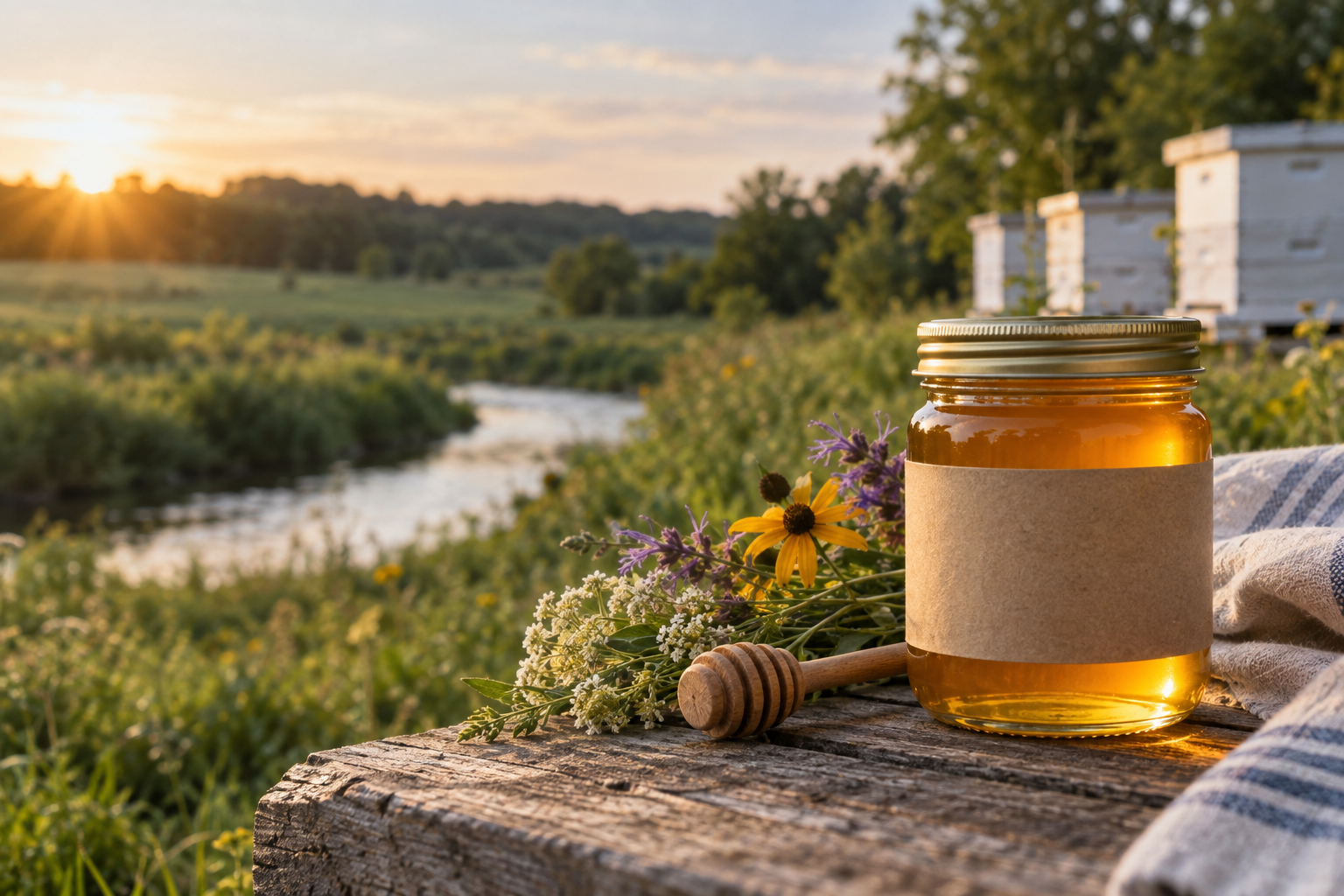 Jar of golden honey beside wildflowers with beehives near a creek at sunset